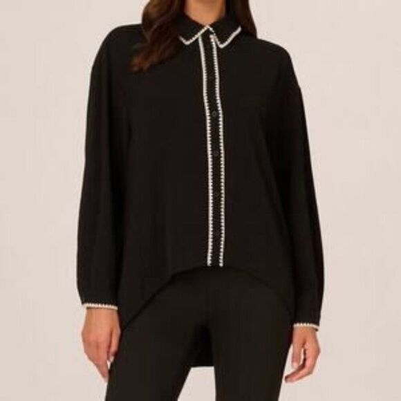 Adrianna Papell Embroidered Woven Shirt With Hi-Low Hem Sz L - Picture 1 of 8